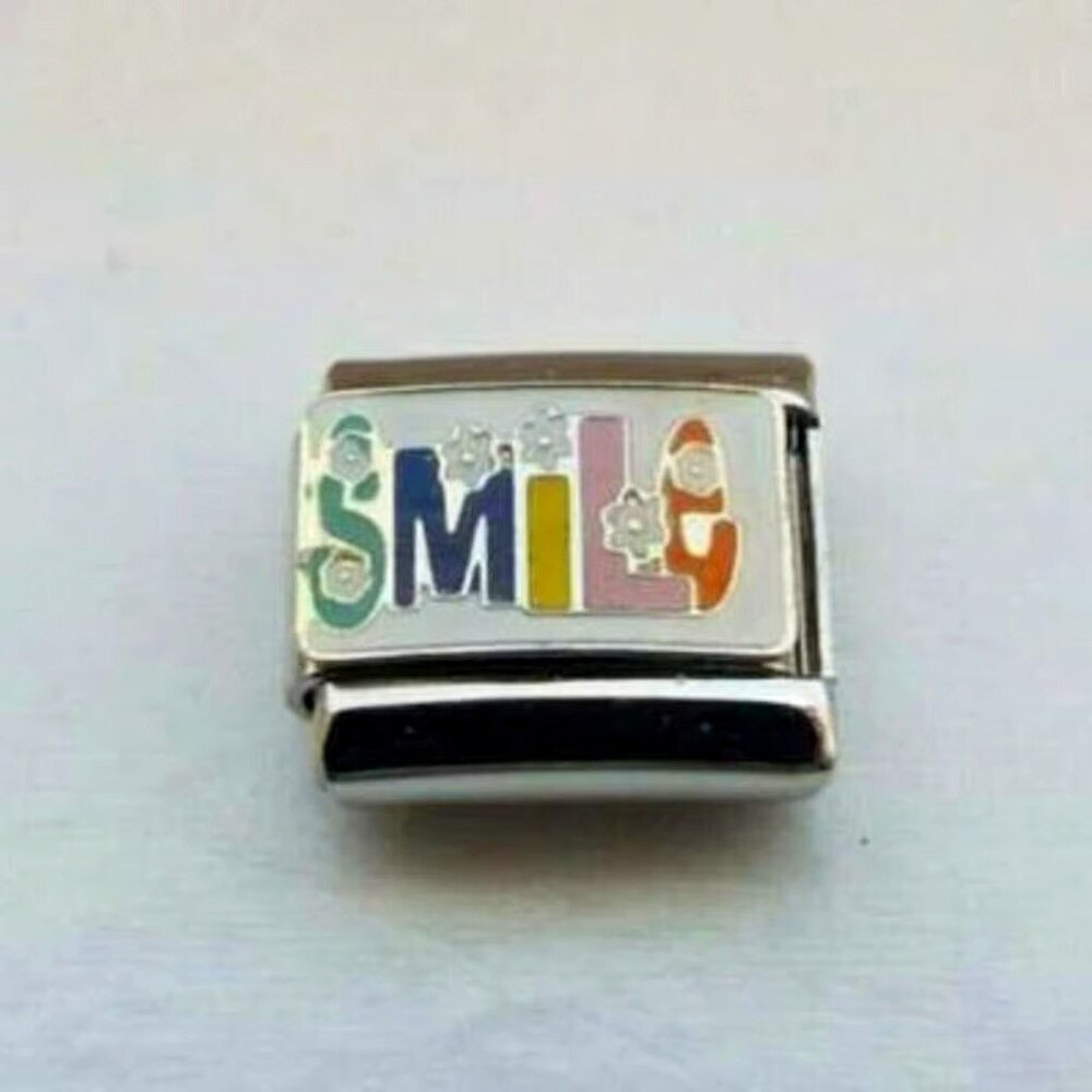 Colorful word Smile flowers enamel 9mm stainless steel Italian charm link new